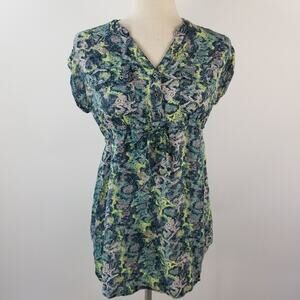 Motherhood Green  Yellow Teal Elastic Waist Tunic Short Sleeve Top Size Small
